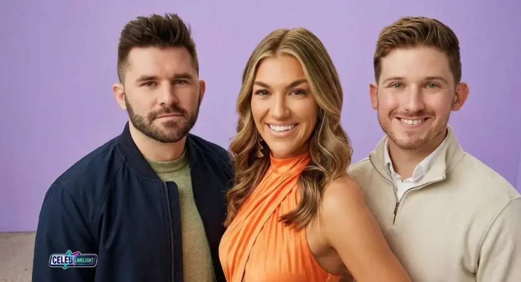 Portrait of Love Is Blind Season 6 cast members Trevor Sova, Amber Desiree (AD), and Matthew Duliba posing against a purple background.