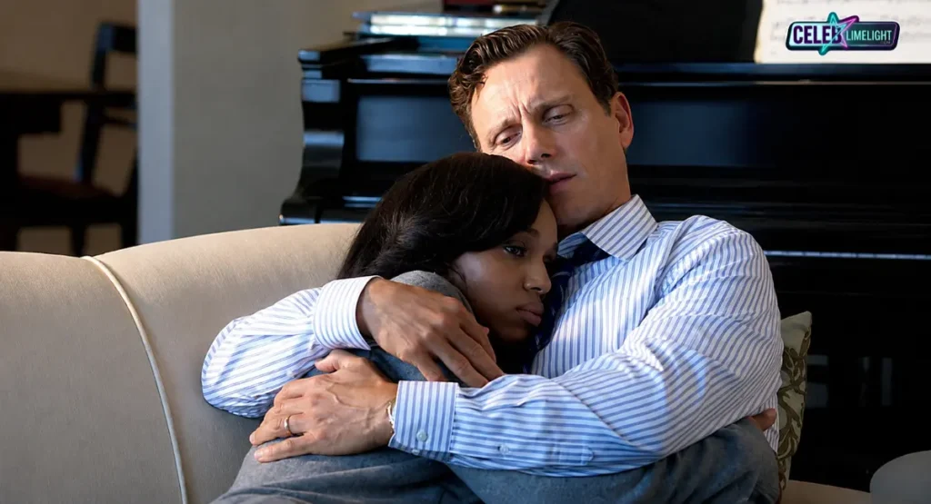 Tony Goldwyn and Kerry Washington sharing a heartfelt embrace in a dramatic scene from Scandal.
